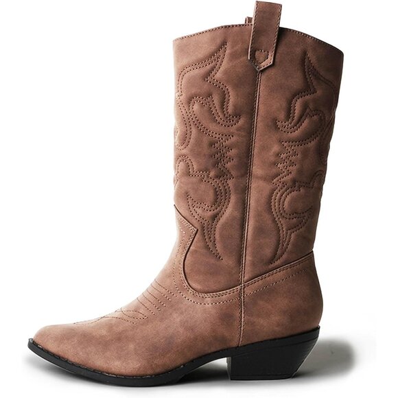 Women Polyurethane Taupe Mid Calf Low Heel Pointed Toe Cowgirl Western Boot - Picture 2 of 5